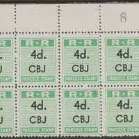 Northern Rhodesia 1951-68 Railway Parcel stamp 4d (small numeral) overprinted CBJ (Chambishi) corner block of 8 with sheet number, unmounted mint, a rarely offered item