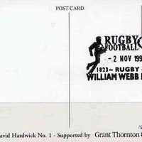 Postcard privately produced in 1998 (coloured) for the 175th Anniversary of Rugby used with special 'William Webb Ellis' commemorative cancellation (numbered limited edition of just 30)