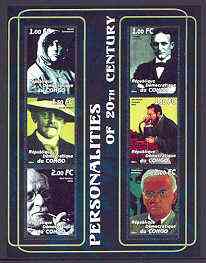 Congo 2001 Personalities of the 20th Century perf sheetlet #08 containing 6 values (Amundsen, George Eastman, David Hilbert, A G Bell, Carl Jung & Alexander Fleming) unmounted mint