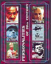 Congo 2001 Personalities of the 20th Century perf sheetlet #12 containing 6 values (Gandhi, Gorbachev, DeGaulle, Baden Powell, Pope John Paul & J F Kennedy) unmounted mint