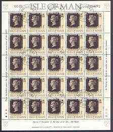 Isle of Man 1990 150th Anniversary of Penny Black m/sheet (1p concession stamp) in sheetlet of 25 (corner letters different) very fine cds used SG 442b