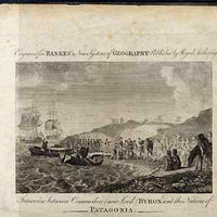 Engraving showing Interview between Commodore (now Lord) Byron and the Natives of Patagonia size 7in x 4.5in engraved by Bankes's new system of Geography published by Royal Authority, some signs of ageing but a superb item