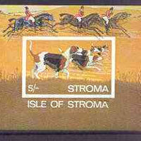 Stroma 1969 Dogs imperf m/sheet (5s value showing Foxhounds) with fine colour shift of black resulting in dropped imprint, and doubling of horses in background unmounted mint