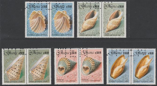 Ghana 1990 Seashells set of 5 each in horiz pairs with part perfin 'T.D.L.R. SPECIMEN' with photocopy of complete sheet showing full layout of the perfin. Note: blocks of 8 (4 pairs) would be required to show the full perfin legen……Details Below