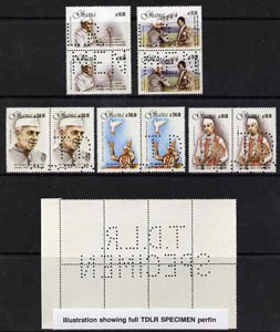 Ghana 1990 Nehru Birth Centenary set of 5 each in pairs with part perfin 'T.D.L.R. SPECIMEN' with photocopy of complete sheet showing full layout of the perfin. Note: blocks of 8 (4 pairs) would be required to show the full perfin……Details Below