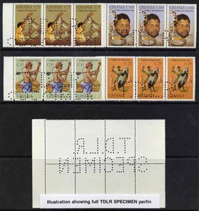 Ghana 1987 Solidarity set of 4 each in strips of 3 with part perfin 'T.D.L.R. SPECIMEN' with photocopy of complete sheet showing full layout of the perfin. Note: blocks of 6 would be required to show the full perfin legend. as SG ……Details Below