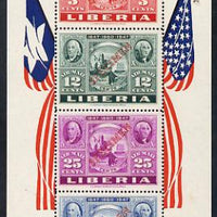 Liberia 1947 US Stamp Centenary perf m/sheet each stamp opt'd SPECIMEN mtd mint, SG MS 661