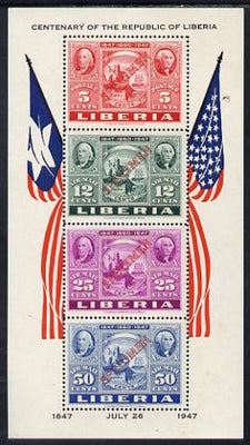 Liberia 1947 US Stamp Centenary perf m/sheet each stamp opt'd SPECIMEN mtd mint, SG MS 661