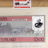 Staffa 1979 Rowland Hill (Mail Coach) - Original artwork for souvenir sheet (£1 value) comprising coloured illustration on board (215 mm x 118 mm) with overlay, plus issued label