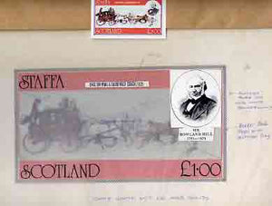 Staffa 1979 Rowland Hill (Mail Coach) - Original artwork for souvenir sheet (£1 value) comprising coloured illustration on board (215 mm x 118 mm) with overlay, plus issued label