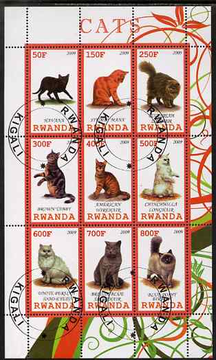 Rwanda 2009 Domestic Cats perf sheetlet containing 9 values fine cto used