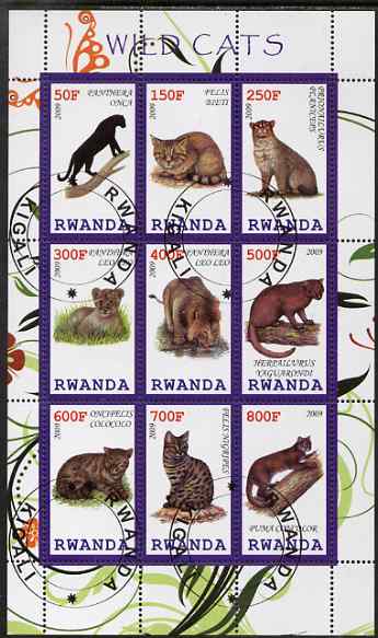 Rwanda 2009 Wild Cats perf sheetlet containing 9 values fine cto used