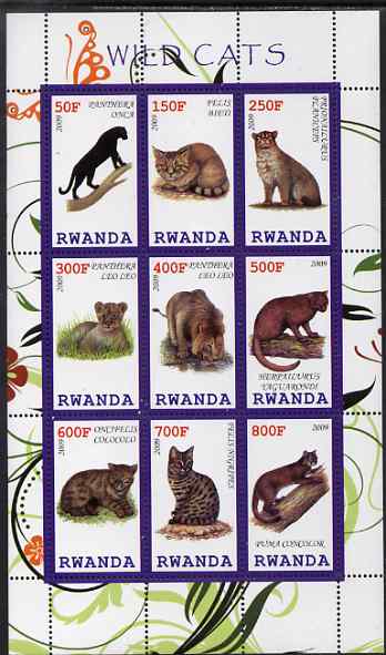 Rwanda 2009 Wild Cats perf sheetlet containing 9 values unmounted mint