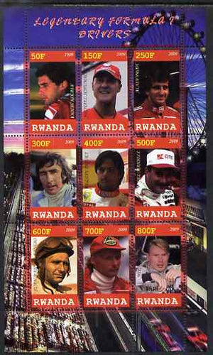 Rwanda 2009 Formula 1 Drivers perf sheetlet containing 9 values unmounted mint