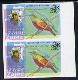 Zaire 1979 River Expedition 3k Sunbird imperf proof pair with superb misplaced colours - yellow by 2mm and red by 3mm (as SG 953) some creasing unmounted mint