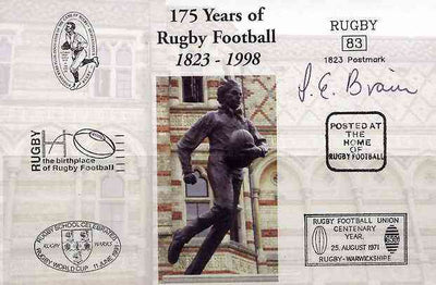 Postcard privately produced in 1998 (coloured) for the 175th Anniversary of Rugby, signed by Steve Brain (England - 13 caps, Coventry & Rugby Lions) unused and pristine