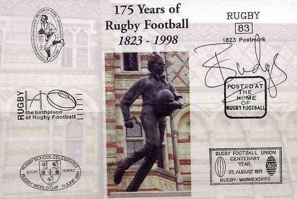 Postcard privately produced in 1998 (coloured) for the 175th Anniversary of Rugby, signed by Budge Poutney (Scotland - 24 caps & Captain, Northampton) unused and pristine