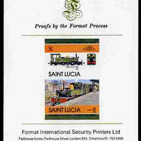 St Lucia 1984 Locomotives #2 (Leaders of the World) 1c 'Taw 2-6-2 UK' se-tenant pair imperf mounted on Format International proof card