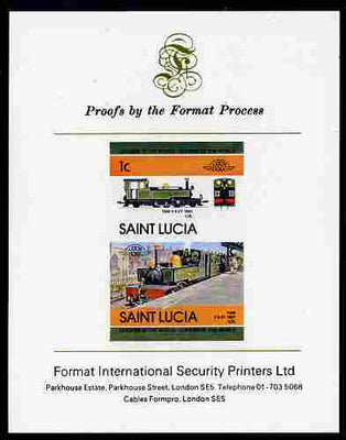 St Lucia 1984 Locomotives #2 (Leaders of the World) 1c 'Taw 2-6-2 UK' se-tenant pair imperf mounted on Format International proof card