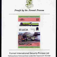 St Lucia 1983 Locomotives #1 (Leaders of the World) $2 Flying Scotsman se-tenant pair imperf mounted on Format International proof card
