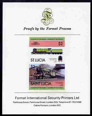 St Lucia 1983 Locomotives #1 (Leaders of the World) $2 Flying Scotsman se-tenant pair imperf mounted on Format International proof card
