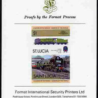 St Lucia 1983 Locomotives #1 (Leaders of the World) $1 Bodmin West Country Class se-tenant pair imperf mounted on Format International proof card