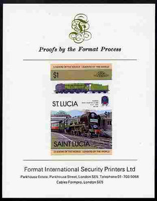 St Lucia 1983 Locomotives #1 (Leaders of the World) $1 Bodmin West Country Class se-tenant pair imperf mounted on Format International proof card
