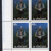 St Vincent 1988 Tourism 45c Scuba Diving unmounted mint corner block of 4, one stamp with large red flaw by Diver's shoulder (r/hand pane R4/1) SG 1134