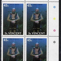 St Vincent 1988 Tourism 45c Scuba Diving unmounted mint corner block of 4, one stamp with large red flaw on Diver's shorts (r/hand pane R2/4) SG 1134