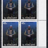 St Vincent 1988 Tourism 45c Scuba Diving unmounted mint corner block of 4, one stamp with large flaw above St (r/hand pane R4/4) SG 1134