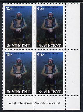 St Vincent 1988 Tourism 45c Scuba Diving unmounted mint corner block of 4, one stamp with large flaw above St (r/hand pane R4/4) SG 1134
