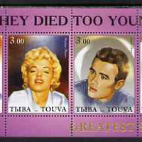 Touva 2001 'They Died too Young' (Marilyn, J Lennon, Elvis & J Dean) perf sheetlet containing set of 4 values complete unmounted mint