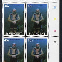 St Vincent 1988 Tourism 45c Scuba Diving unmounted mint corner block of 4, one stamp with 'goldfish' flaw (r/hand pane R2/3) SG 1134
