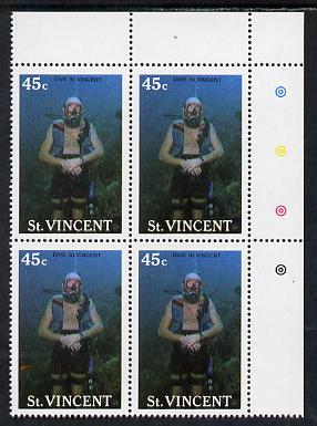 St Vincent 1988 Tourism 45c Scuba Diving unmounted mint corner block of 4, one stamp with 'goldfish' flaw (r/hand pane R2/3) SG 1134