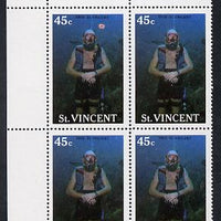 St Vincent 1988 Tourism 45c Scuba Diving unmounted mint corner block of 4, one stamp with massive flaw by Diver's head (l/hand pane R1/1) SG 1134