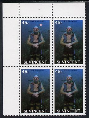 St Vincent 1988 Tourism 45c Scuba Diving unmounted mint corner block of 4, one stamp with massive flaw by Diver's head (l/hand pane R1/1) SG 1134