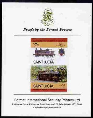 St Lucia 1985 Locomotives #4 (Leaders of the World) 10c '0-6-2 Tank' se-tenant pair imperf mounted on Format International proof card