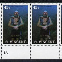 St Vincent 1988 Tourism 45c Scuba Diving unmounted mint cyl strip of 4, one stamp with variety red mark by Diver's arm (l/hand pane R5/4) SG 1134