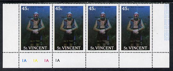 St Vincent 1988 Tourism 45c Scuba Diving unmounted mint cyl strip of 4, one stamp with variety red mark by Diver's arm (l/hand pane R5/4) SG 1134