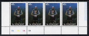 St Vincent 1988 Tourism 45c Scuba Diving unmounted mint cyl strip of 4, one stamp with variety red mark by Diver's arm (l/hand pane R5/4) SG 1134