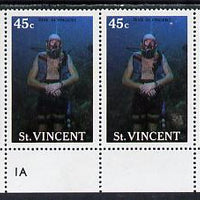 St Vincent 1988 Tourism 45c Scuba Diving unmounted mint cyl strip of 4, one stamp with variety 'jellyfish' below inscription (l/hand pane R5/3) SG 1134