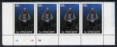 St Vincent 1988 Tourism 45c Scuba Diving unmounted mint cyl strip of 4, one stamp with variety 'jellyfish' below inscription (l/hand pane R5/3) SG 1134