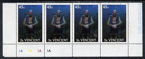 St Vincent 1988 Tourism 45c Scuba Diving unmounted mint cyl strip of 4, one stamp with variety 'jellyfish' below inscription (l/hand pane R5/3) SG 1134