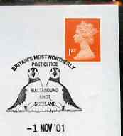 Postmark - Great Britain 2001 cover with 'Britain's Most Northerly post Office' Baltasound cancel illustrated with Puffins