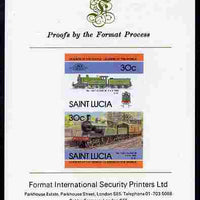 St Lucia 1985 Locomotives #4 (Leaders of the World) 30c 'Class M 4-4-0' se-tenant pair imperf mounted on Format International proof card