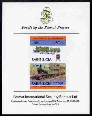 St Lucia 1985 Locomotives #4 (Leaders of the World) 30c 'Class M 4-4-0' se-tenant pair imperf mounted on Format International proof card