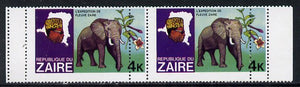 Zaire 1979 River Expedition 4k Elephant horiz pair with double perfs (extra row of vert perfs 7mm away, extra horiz perfs are virtually coincidental) r/hand stamp is creased unmounted mint (as SG 954)