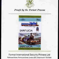 St Lucia 1985 Locomotives #4 (Leaders of the World) 75c 'Dunalastair 4-4-0' se-tenant pair imperf mounted on Format International proof card