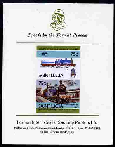 St Lucia 1985 Locomotives #4 (Leaders of the World) 75c 'Dunalastair 4-4-0' se-tenant pair imperf mounted on Format International proof card