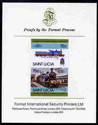 St Lucia 1985 Locomotives #4 (Leaders of the World) 75c 'Dunalastair 4-4-0' se-tenant pair imperf mounted on Format International proof card